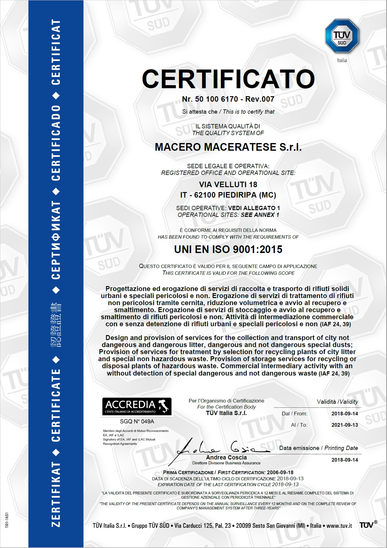 Certificazioni | Macero Maceratese S.r.l.